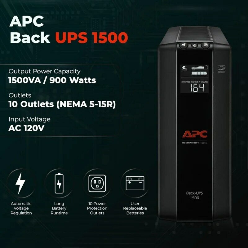 APC UPS Bundle 1500VA  Battery Backup - 10 Outlets, BX1500M  Power Supply and Surge Protector, AVR, Dataline Pr