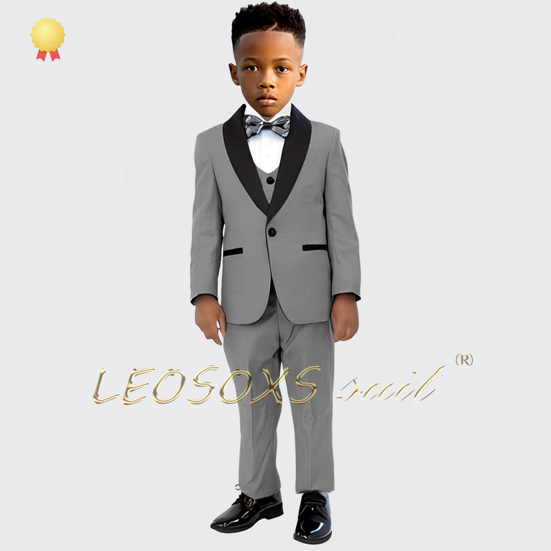 Boys' tailless suit ensemble, 3-piece set with a greenish collar jacket, vest, and trousers, suitable for boys aged 3 to 16.