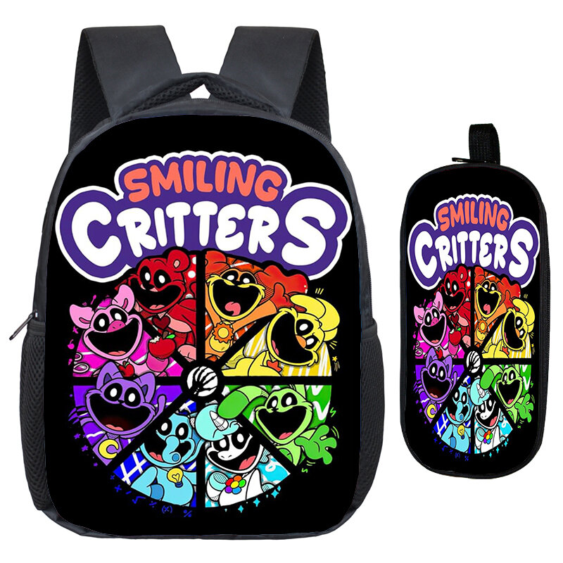 Mochila De Critters sonrientes para niños y niñas, Juego de 2 piezas de dibujos animados divertidos, mochilas escolares, bolsa pequeña