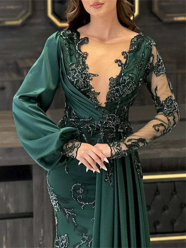 Green Mermaid Prom Dress Sexy Sheer V-neck Long Sleeves Sequins Appliques Formal Wedding Party Evening Gown Luxury Vestido