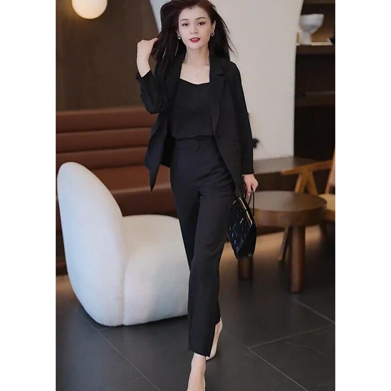 ชุดเสื้อสูทสีดำของผู้หญิงสำหรับใส่ทำงานเสื้อแจ็คเก็ตชุด2023สีพื้นสำหรับฤดูใบไม้ร่วงฤดูใบไม้ผลิ