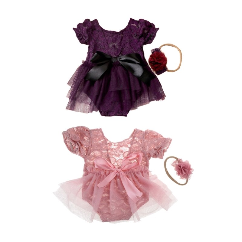 Accessoires photographie bébé, combinaison en dentelle avec nœud bandeau à fleurs, accessoires Photo pour