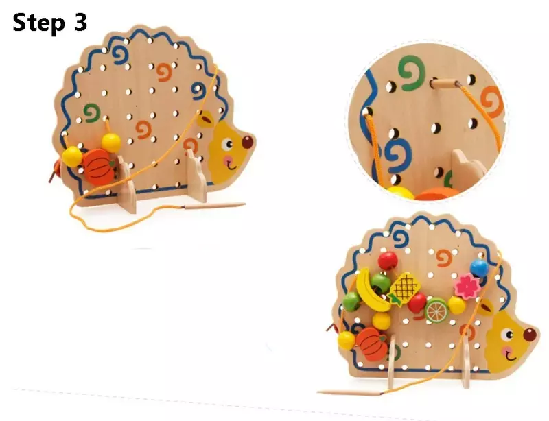 [Funny] DIY Lacing Toy Hedgehog Threading Fruits Beads Find Motor Skills Game Wooden Animal Fruit Beads tree Montessori Toy gift