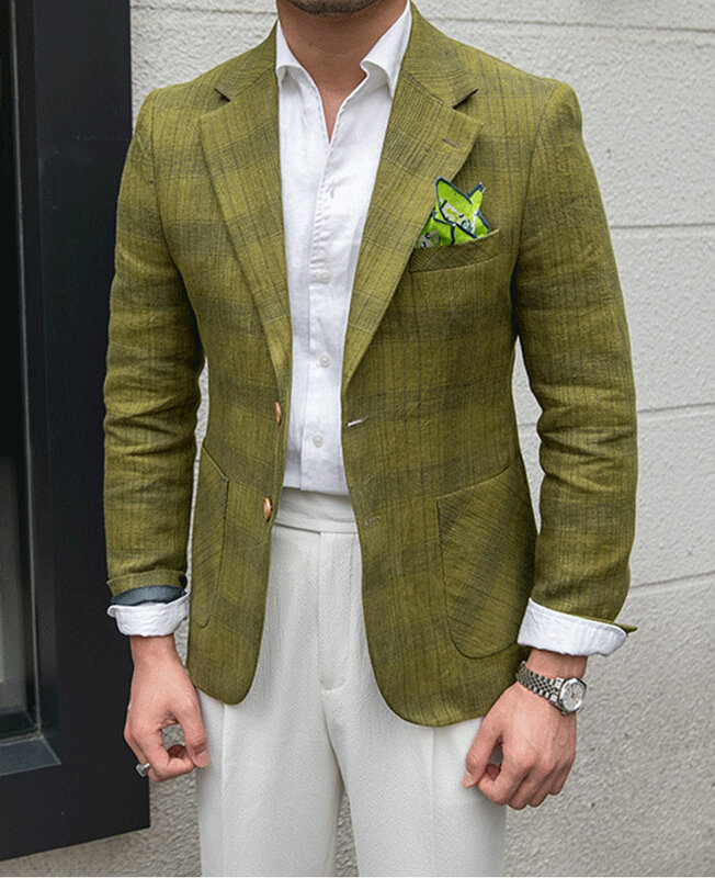 남성용 빈티지 체크무늬 라펠 리넨 블레이저 재킷, 긴팔, 통기성, 비즈니스 캐주얼 남성 의류, 2 단추