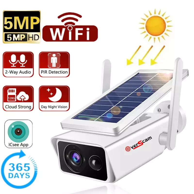 야외 태양 전지 패널 무선 보안 카메라, 배터리 구동, PIR 모션, IP66 CCTV 감시 카메라, iCSee, 5MP HD 와이파이 카메라