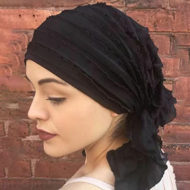 Solid Color Muslim Women Hijab Bonnet Pre-Tied Ruffle Islamic Cancer Headwear Scarf Pleated Underscarf Mujer Turban Chemo Cap