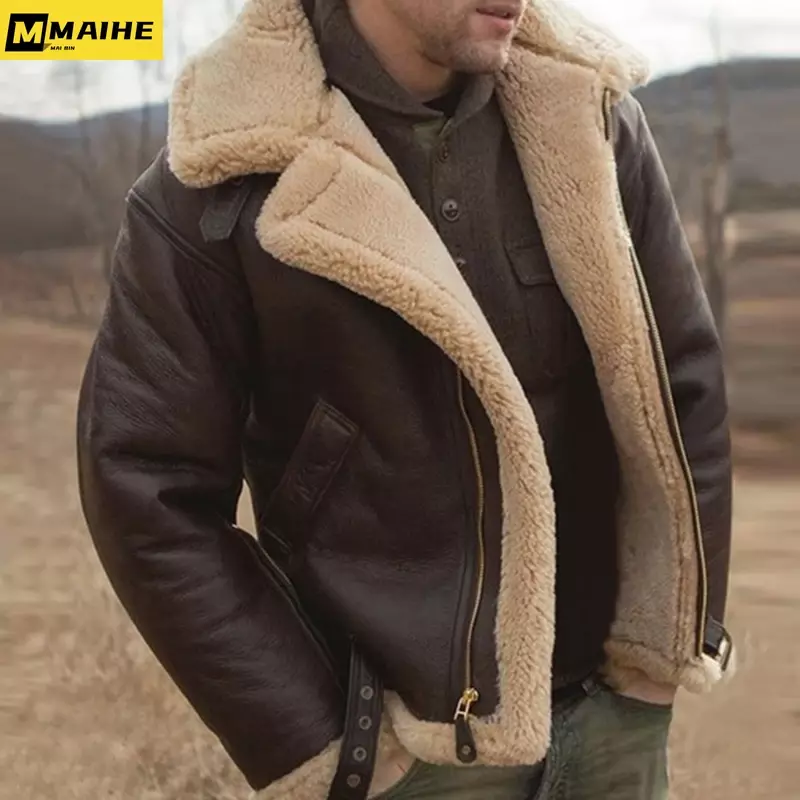 Męska sztuczna skóra klasyczna brązowa czarna kurtka Bomber zimowa kurtka z owczej skóry męska skórzana kurtka motocyklowa duży rozmiar