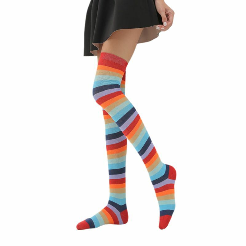 Calcetines largos hasta rodilla con rayas coloridas y arcoíris elegantes para mujer y niña, disfraz Halloween