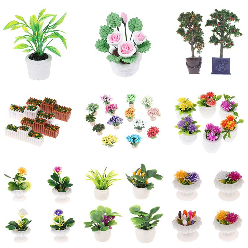 Miniature Flower Fairy Garden Ornamento, Mini Planta Verde, Pote de flores, Simulação doméstica, Árvore, Boneca em vaso Decor, 1/12