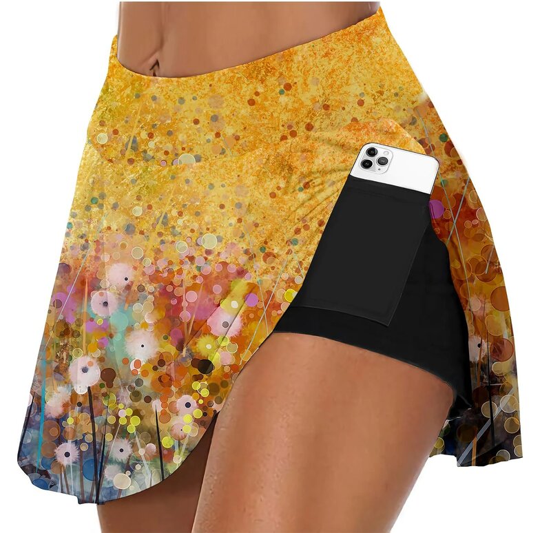 Damska tenisowa plisowana spódnica z 2 kieszeniami wysokiej talii dwuwarstwowa nieprześwitująca spódnica Fitness Badminton Golf plisowana spódnica