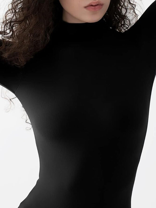 Women Bodysuits T-Shirt Solid Color Half Turtleneck Long Sleeve Jumpsuits Romper for Club Streetwear