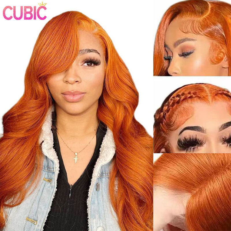 Perruque Lace Front Wig sans colle naturelle, cheveux humains, 13x4, pre-plucked, orange, 22 pouces