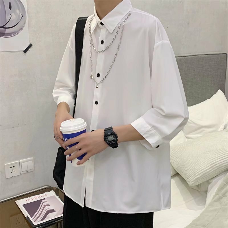 Рубашка мужская с длинным рукавом, модная уличная одежда с цепочкой, свободная винтажная сорочка с отложным воротником, Y2K