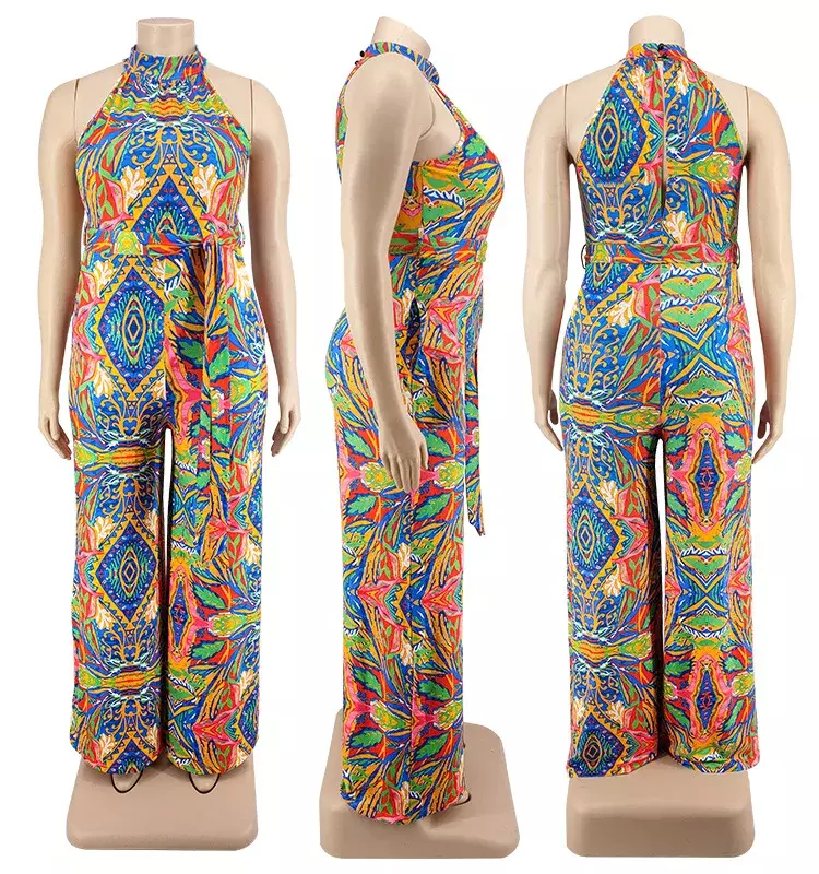 WUHE Beach Style Print Plus Size Women Sleeveless Wide Leg Straight Jumpsuit for 2024 Summer Sexy Party Club Overall Playsuit