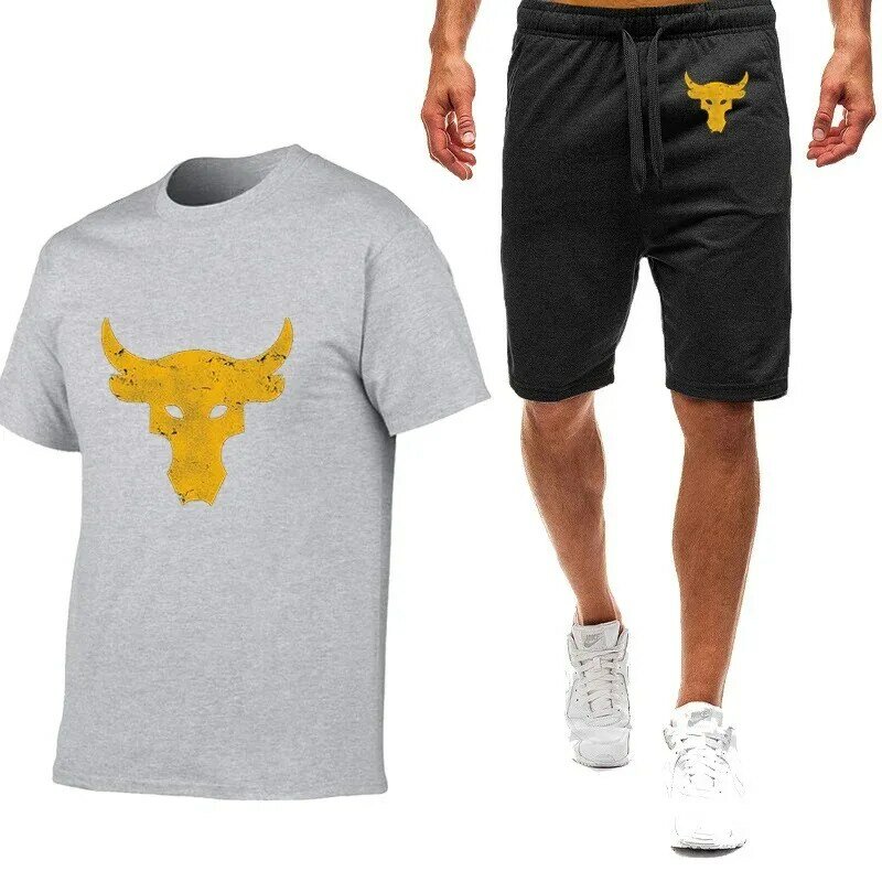 2024 Summer Men's Dwayne Johnson Brahma Bull Tattoo Logo Printed Fashion Round Neck Short Sleeve Tops+Popular Sports Shorts Sets