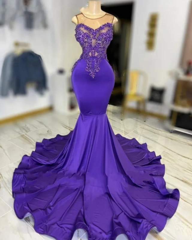 Wykwintne fioletowe długa suknia balowa z okrągłym dekoltem 2024 sukienki na przyjęcie urodzinowe suknia wieczorowa rozkloszowana na dole aplikacje Vestidos De Fiesta