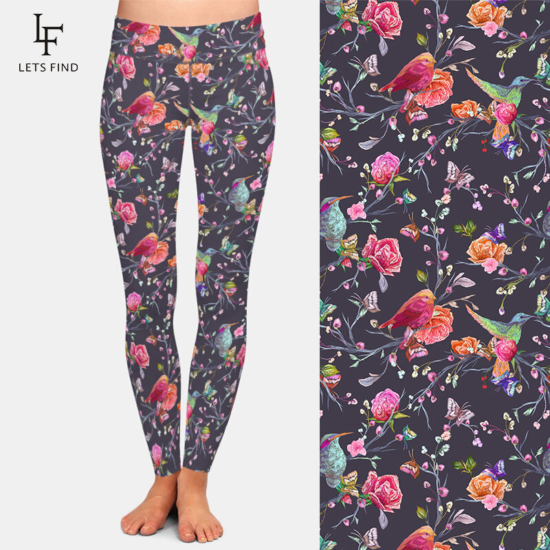 LETSFIND ptaki motyle i kwiaty druk cyfrowy kobiety legginsy z wysokim stanem wysoka elastyczna miękka spodnie do fitnessu
