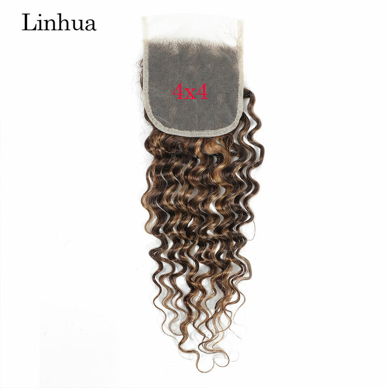 Llinhua-Cabello Humano de onda profunda, accesorio con cierre de encaje Frontal transparente, resaltado, P4/27, Marrón degradado, rubio miel, 4x4, 5x5, 13x4