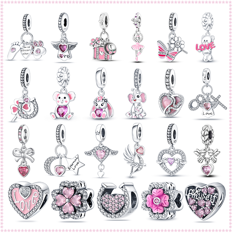 2024 New Hot Sterling Silver 100% Animal Butterfly Love Heart Pink Charm Suitable for Pandora Original Bracelet DIY Making