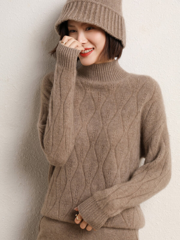Suéter de lã merino feminino, pulôver com gola simulada, manga comprida grossa quente, roupa tricotada de caxemira, moda coreana, outono, inverno, 100%