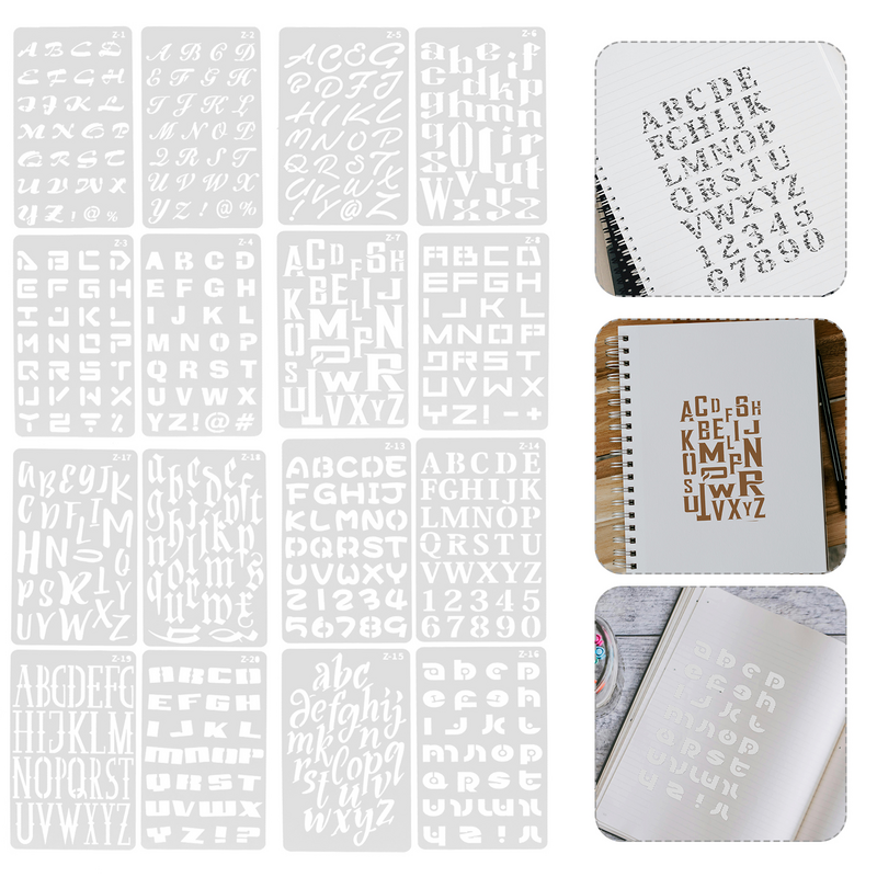 20 lembar templat buku pegangan Doodle cetakan stensil pola huruf angka alfabet