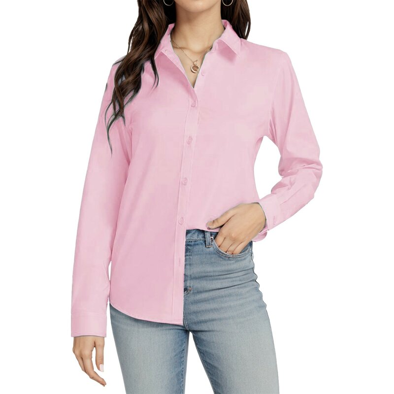 女性用ボタンダウン長袖シャツ、単色ストレッチドレスシャツ、単色作業ブラウス、半袖