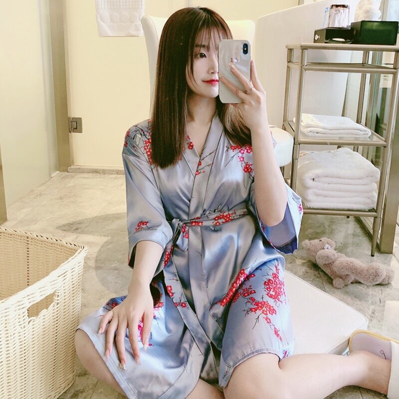 2021 musim panas wanita sutra Satin jubah tipis nyaman segar motif bunga pakaian tidur gaun malam seksi Femme daster Satin pakaian rumah