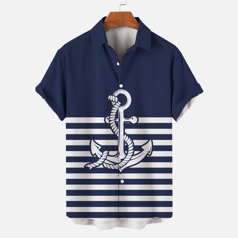3D ship anchor printed T-shirt summer casual short sleeved tee fashion men's clothing loose oversized T-shirt for men 2024 new t