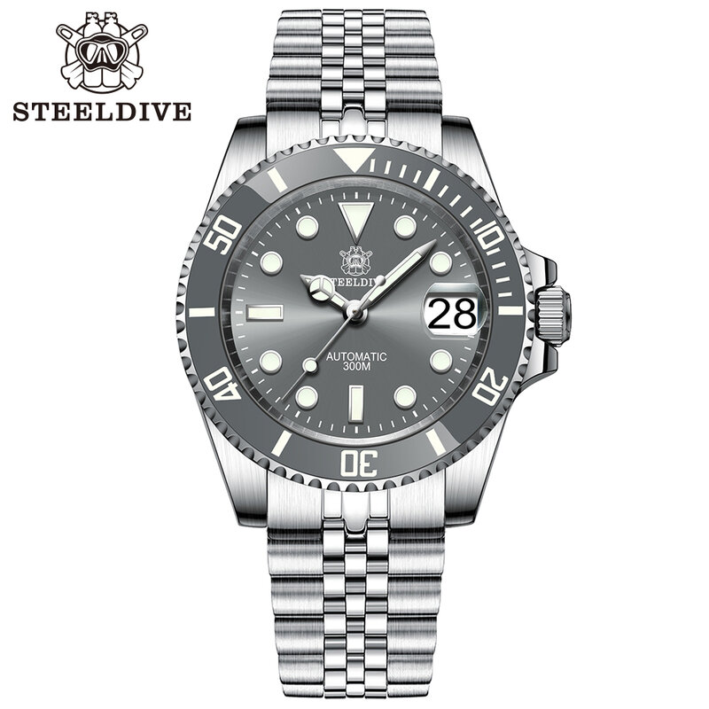 Relógio com mostrador em aço inoxidável masculino, steeldive, vidro safira, relógios mergulhador, SD1953, novo em cinza, marca NH35, 41mm
