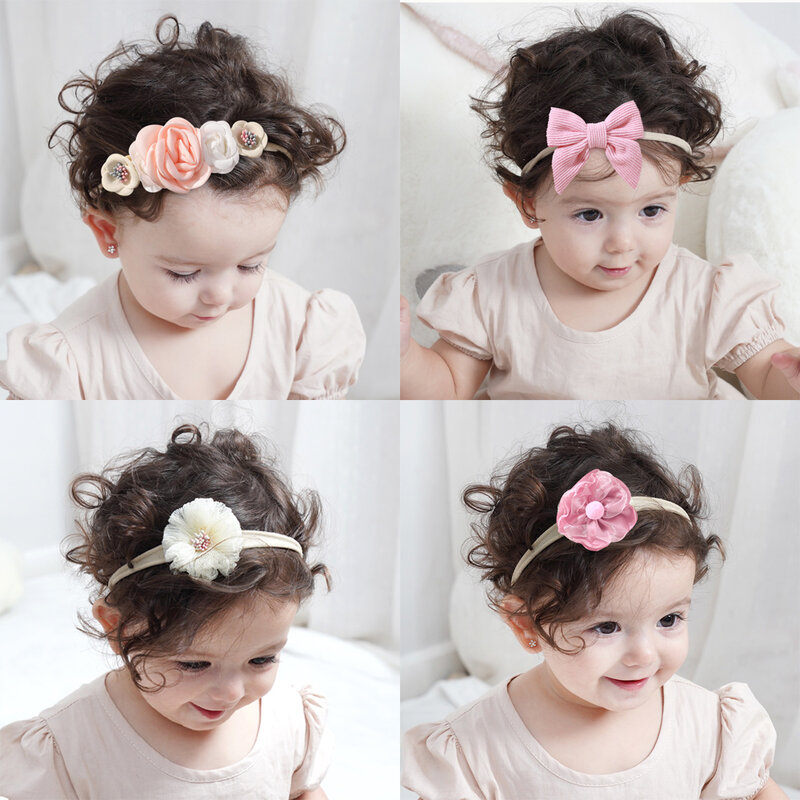 Bando bunga elastis bayi, 5 buah/set pita nilon bunga renda untuk anak perempuan balita hadiah aksesori rambut lembut