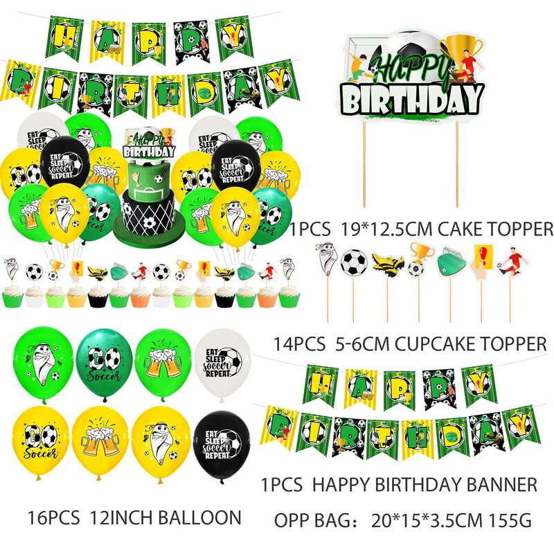 ฟุตบอลสีเขียว Birthday Party ตกแต่งธงดึงธงแต่งเค้กใส่บอลลูนชุด