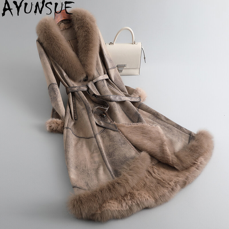 AYUNSUE Elegant Long Fur Coat for Women 2023 Autumn Winter Real Fur Coats Rabbit Fur Liner Slim Fur Jacket Fox Fur Collar Casaco