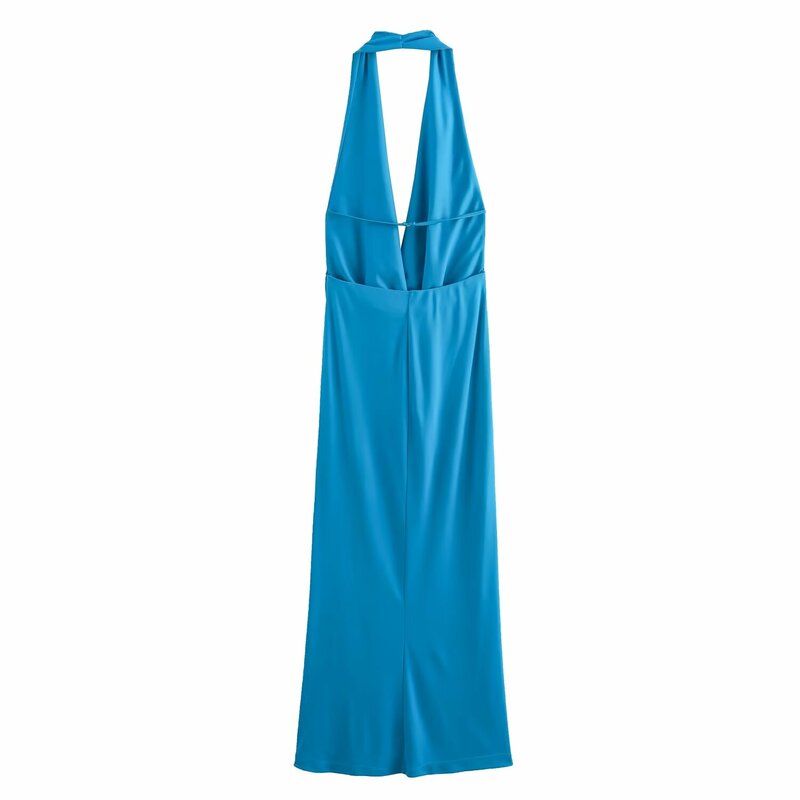 Gaun panjang kerah berlipat cantik mode baru wanita, gaun malam wanita renda tanpa lengan Retro 2024