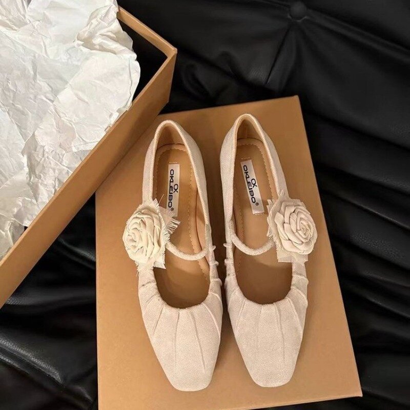 Sapato feminino de camurça Marie Janes flor, sandálias de verão, salto médio elegante, sapatos rasos volumosos, slides femininos, 2024