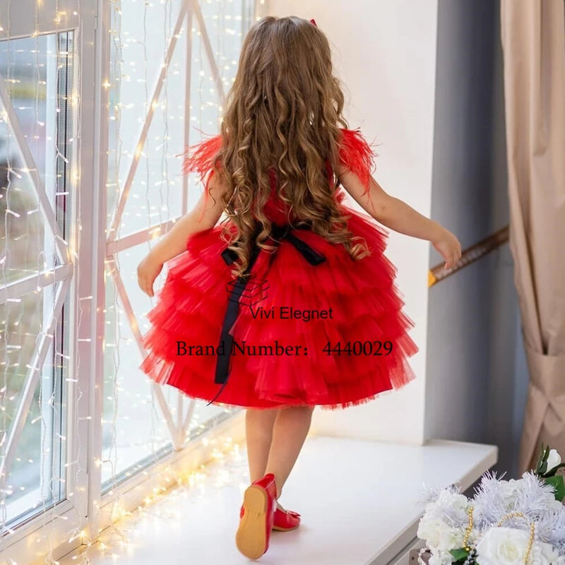 Exquisitos vestidos de flores rojas sin mangas para niñas, vestidos de Navidad escalonados hasta la rodilla, 2024