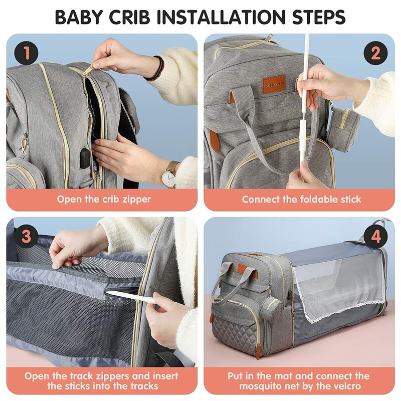 3 In 1 Windel Tasche Rucksack Faltbare Baby Bett Wasserdichte Reisetasche mit USB-Lade Windel Tasche Rucksack mit Ändern bett 3 arten