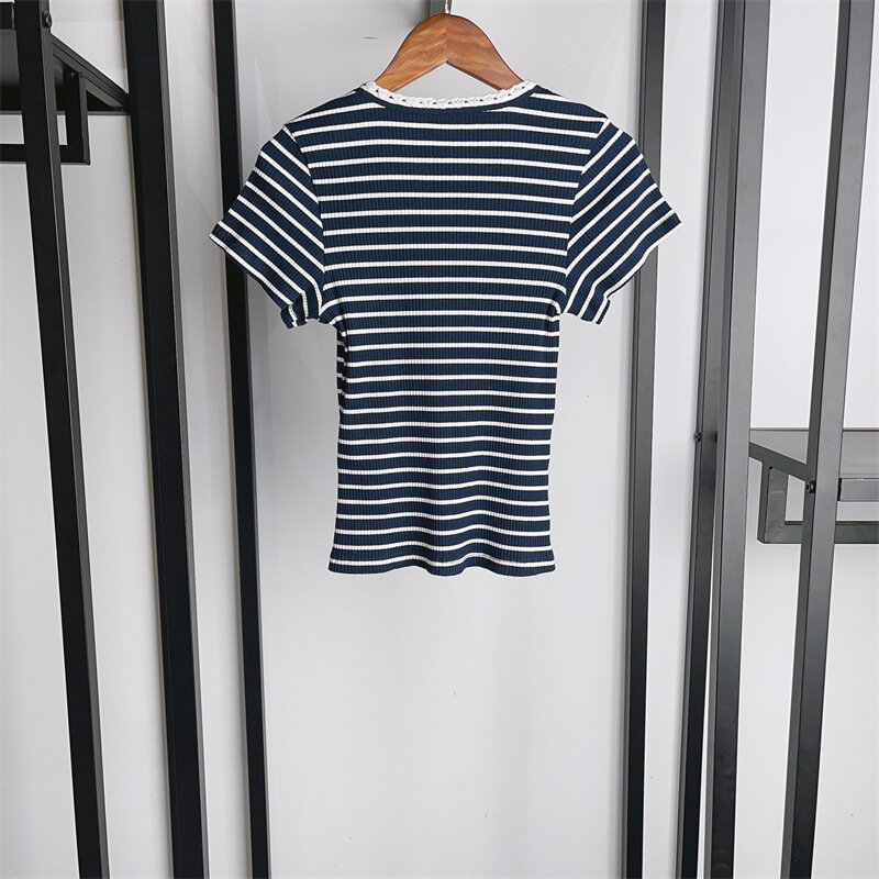 T-shirt rayé à manches courtes pour femme, short décontracté, deux pièces trempées, crochet, col rond, nœud, été 2024