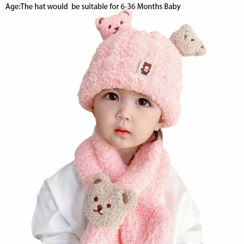Conjunto de gorro y bufanda de felpa gruesa para bebé, oso de dibujos animados, protección para los oídos, mantiene el calor, Invierno