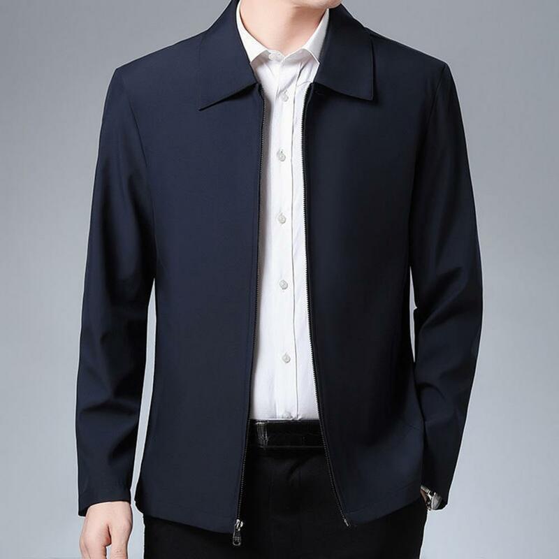 เสื้อโค้ทผู้ชายแบบเรียบมีซิปปกปกสีทึบแจ็คเก็ตลำลองสำหรับวัยกลางคนสำหรับผู้ชายอากาศหนาว
