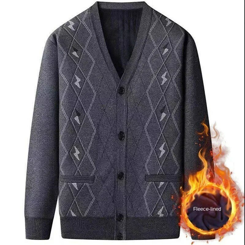 Зимний плюшевый и утепленный мужской вязаный кардиган для мужчин среднего и пожилого возраста свитер куртка с V-образным вырезом свободный вязаный свитер для папы