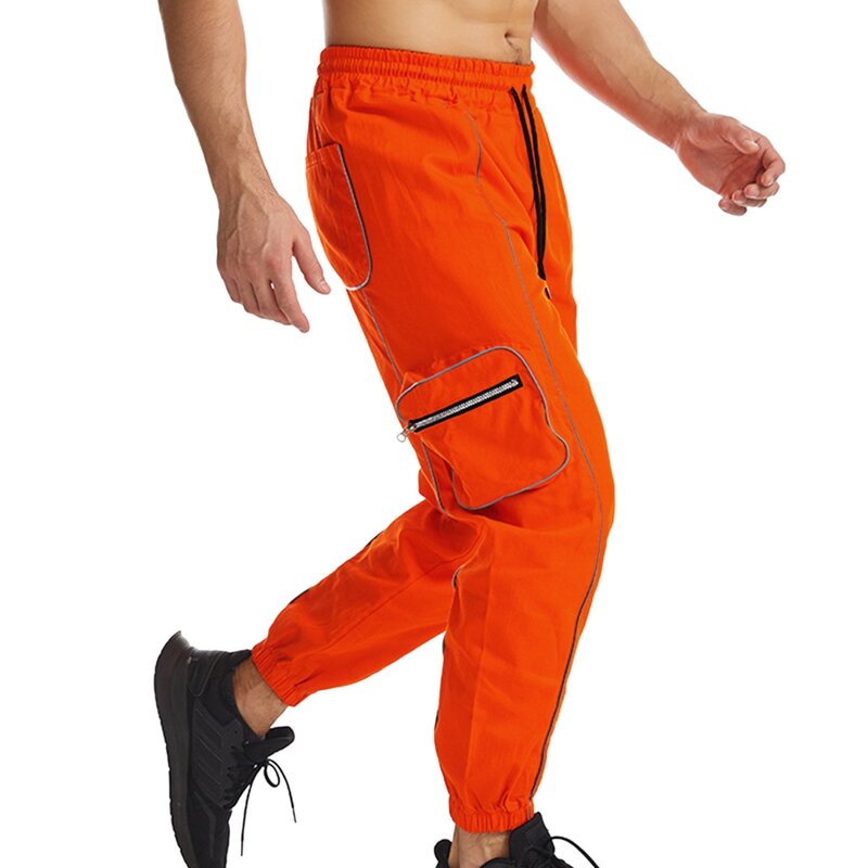Cargo Sweatpants For Men Trend Classic Lace-Up Orange Cargo Pants Sports Trousers Reflective Strip Male Overalls 2024 Summer Hot