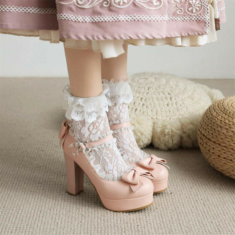 Sweet Ruffles Bow Women High Heels Shoes Platform 10cm High Heel Shoes Women Dress Wedding Party Shoes Big Size 34-43