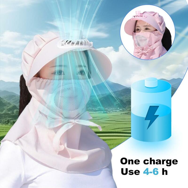 Women Summer Visor Large Brim Caps Electric USB Charging Fan Hats Outdoor UV Protection Hat Face Covering Tea Picking Cap