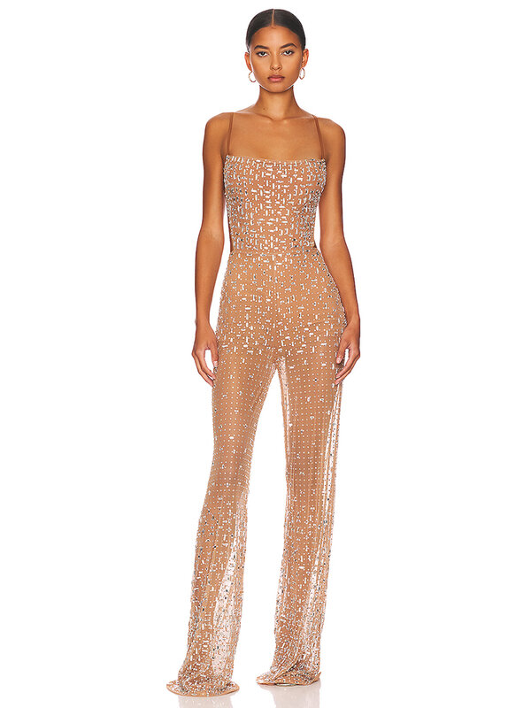 Sexy Straps Perspective Mesh Crystal Diamond jumpsuit Women Apricot Sleeveless Backless Shiny Rhinestone Jumpsuits Party Club