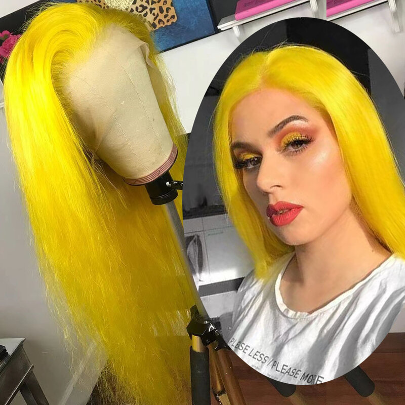 WIF-peluca larga y recta con encaje frontal para mujer, pelo sintético sin pegamento, color amarillo brillante, ideal para fiesta y Cosplay