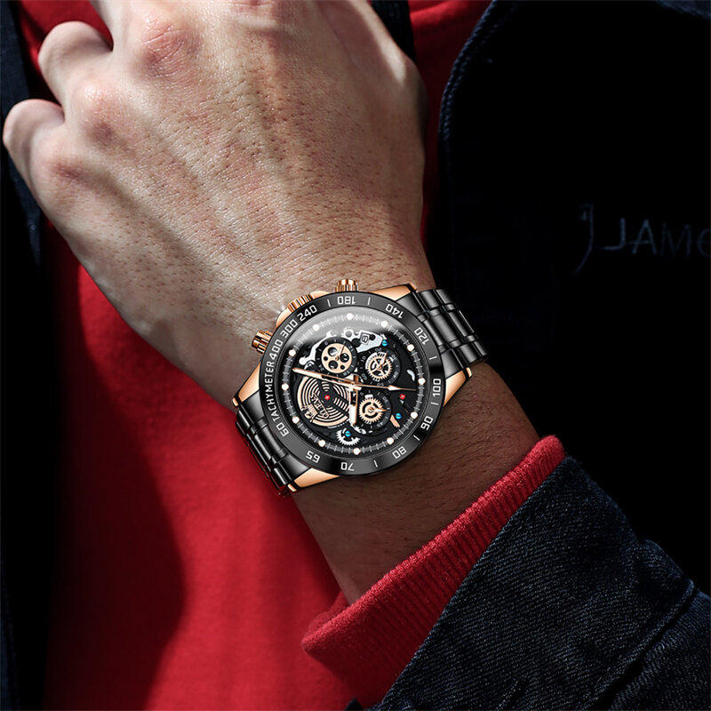 OLEVS 남성용 럭셔리 브랜드 쿼츠 시계, 야광 날짜 방수 시계, 블랙 스틸 스트랩, 오리지널 디자인