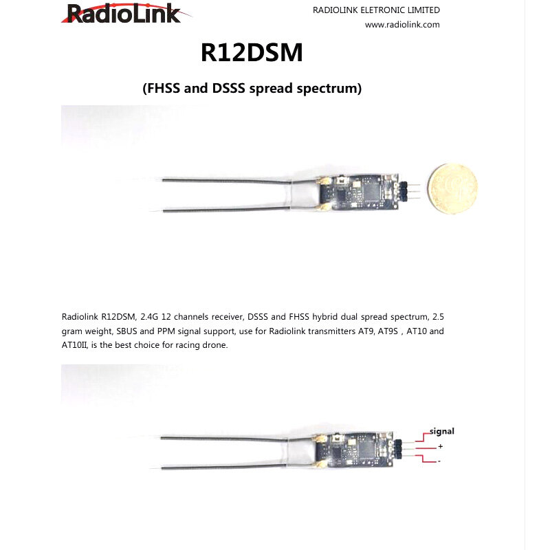 Receptor Radiolink R12DSM 2,4G, 12 canales para transmisores Radiolink AT9 AT9S AT10 AT10II