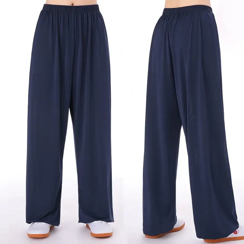 Unisex spodnie Tai Chi lodowy jedwab spodnie Tai Chi gimnastyka poranna lato plus rozmiar luźne spodnie do ćwiczeń sztuk walki