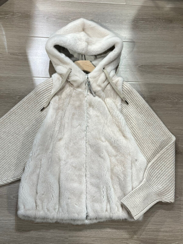 Real Mink Fur Casual Style Hooded Coat