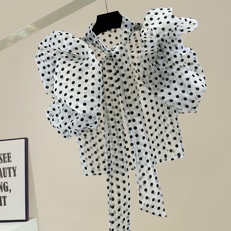 Модный однобортный Топ с рукавом в виде листьев лотоса и бантом, прозрачная короткая рубашка в горошек в западном стиле